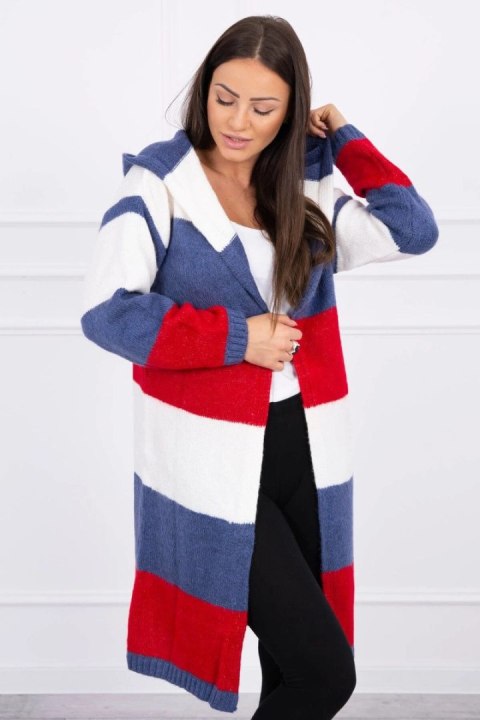 Sweter w pasy trzykolorowy ecru+jeans+czerwony Sweter w pasy trzykolorowy ecru+jeans+czerwony