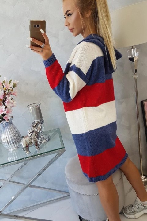 Sweter w pasy trzykolorowy ecru+jeans+czerwony Sweter w pasy trzykolorowy ecru+jeans+czerwony