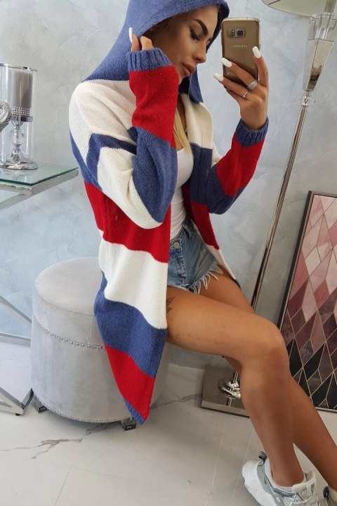 Sweter w pasy trzykolorowy ecru+jeans+czerwony Sweter w pasy trzykolorowy ecru+jeans+czerwony