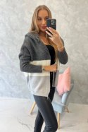 Sweter z kapturem trzykolorowy grafitowy+ecru+szary
