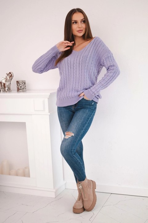 Sweter pleciony z dekoltem V fioletowa Sweter pleciony z dekoltem V fioletowa