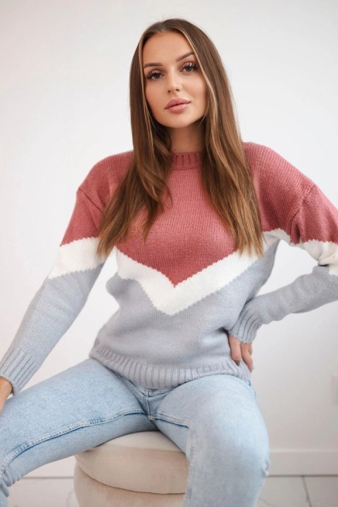Sweter w geometryczne wzory ciemny różowy+szary Sweter w geometryczne wzory ciemny różowy+szary