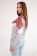 Sweter w geometryczne wzory ciemny różowy+szary