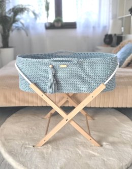 Kosz Mojżesza BOHO bawełniany Handmade z materacykiem - misty blue