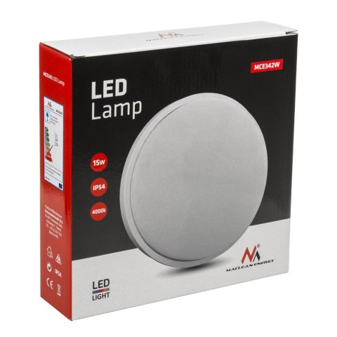 Lampa LED Maclean, Ścienno sufitowa, Kolor biały, W 1100lm, 15W, IP54, Kolor światła naturalny biały (4000K), MCE342 Lampa LED Maclean, Ścienno sufitowa, Kolor biały, W 1100lm, 15W, IP54, Kolor światła naturalny biały (4000K), MCE342