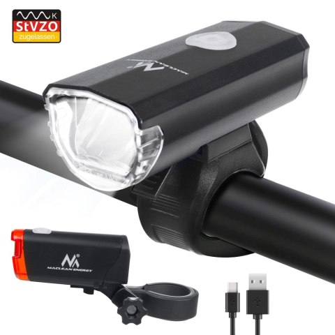 Oświetlenie rowerowe LED Maclean, przód+tył, 2 tryby, wbudowany akumulator, 1500mAh, tył 2xAAA, certyfikat StVZO, MCE312 Oświetlenie rowerowe LED Maclean, przód+tył, 2 tryby, wbudowany akumulator, 1500mAh, tył 2xAAA, certyfikat StVZO, MCE312