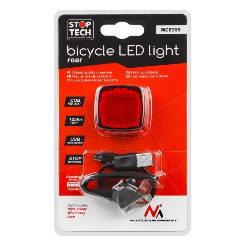 Lampka LED Maclean, Rowerowa tylna, Sensor zmierzchu, USB AUTO STOP COB, Max.125lm, Acu 450mAh, MCE355 Lampka LED Maclean, Rowerowa tylna, Sensor zmierzchu, USB AUTO STOP COB, Max.125lm, Acu 450mAh, MCE355