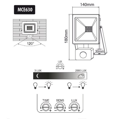 Naświetlacz LED z czujnikiem ruchu Maclean, slim 30W, 2400lm, barwa zimna biała (6000K), IP44, MCE630 CW PIR Naświetlacz LED z czujnikiem ruchu Maclean, slim 30W, 2400lm, barwa zimna biała (6000K), IP44, MCE630 CW PIR