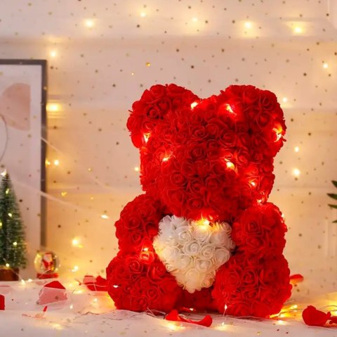 BQ54 Miś z róż z sercem 23cm led BQ54 Miś z róż z sercem 23cm led