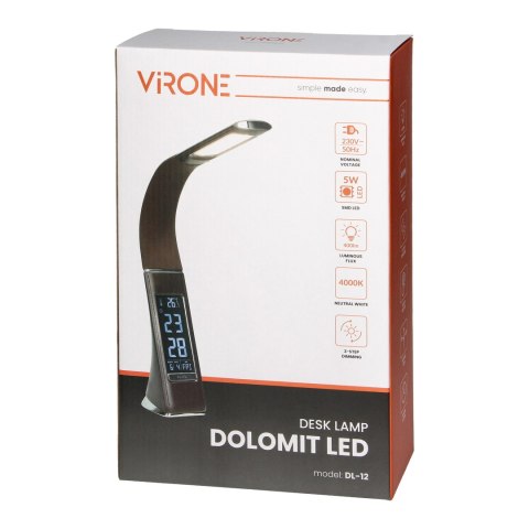 DOLOMIT LED 5W, lampka biurkowa z budzikiem, 400lm, 4000K, brązowa DOLOMIT LED 5W, lampka biurkowa z budzikiem, 400lm, 4000K, brązowa