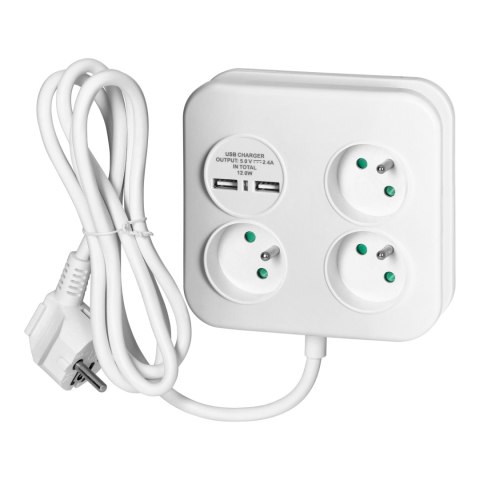 Kwadratowa listwa zasilająca z ładowarką USB 3x2P+Z, 2xUSB-A, kabel 3x1,0mm2, 1,4m Kwadratowa listwa zasilająca z ładowarką USB 3x2P+Z, 2xUSB-A, kabel 3x1,0mm2, 1,4m