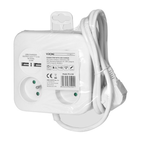 Kwadratowa listwa zasilająca z ładowarką USB 3x2P+Z, 2xUSB-A, kabel 3x1,0mm2, 1,4m Kwadratowa listwa zasilająca z ładowarką USB 3x2P+Z, 2xUSB-A, kabel 3x1,0mm2, 1,4m