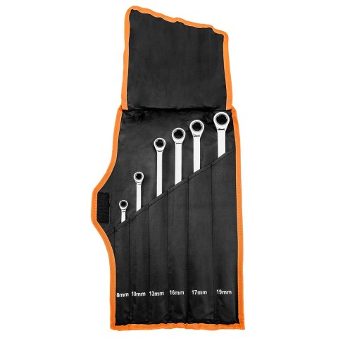 Klucze oczkowe z grzechotką, długie, zestaw 6 szt., 8 - 19 mm, miękkie etui Klucze oczkowe z grzechotką, długie, zestaw 6 szt., 8 - 19 mm, miękkie etui