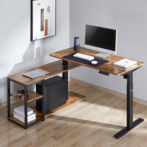 Biurko podnoszone elektrycznie Ergo Office, max wys. 121cm, max - 70 kg, z blatem i półkami, do pracy stojąco siedzącej, brąz ru Biurko podnoszone elektrycznie Ergo Office, max wys. 121cm, max - 70 kg, z blatem i półkami, do pracy stojąco siedzącej, brąz ru