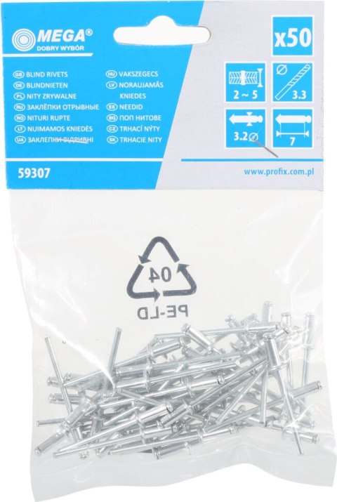 59510 Nit aluminiowy zrywalny 4,8x10mm 50 sztuk, Mega 59510 Nit aluminiowy zrywalny 4,8x10mm 50 sztuk, Mega