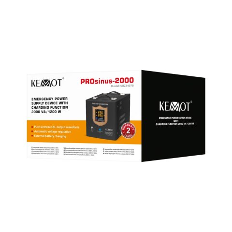 Zasilacz awaryjny KEMOT PROsinus-2000 przetwornica z czystym przebiegiem sinusoidalnym i funkcją ładowania 12V 230V 2000VA/1200 Zasilacz awaryjny KEMOT PROsinus-2000 przetwornica z czystym przebiegiem sinusoidalnym i funkcją ładowania 12V 230V 2000VA/1200