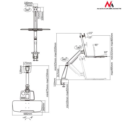 Uchwyt Maclean, Do monitora oraz klawiatury, Do pracy stojąco siedzącej, 13"-32", Do 8kg, MC-728 Uchwyt Maclean, Do monitora oraz klawiatury, Do pracy stojąco siedzącej, 13"-32", Do 8kg, MC-728