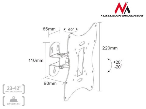 Uchwyt do telewizora lub monitora Maclean, uniwersalny, max VESA 200x200, 23-50", 30kg, czarny, MC-501A B Uchwyt do telewizora lub monitora Maclean, uniwersalny, max VESA 200x200, 23-50", 30kg, czarny, MC-501A B