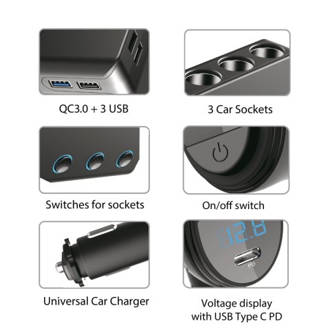 Rozdzielacz gniazda zapalniczki samochodowej Maclean, woltomierz, 3 gniazda zapalniczki, 1xQC 3.0, 3xUSB, 6.8A, 1xPD 18W, max 12 Rozdzielacz gniazda zapalniczki samochodowej Maclean, woltomierz, 3 gniazda zapalniczki, 1xQC 3.0, 3xUSB, 6.8A, 1xPD 18W, max 12