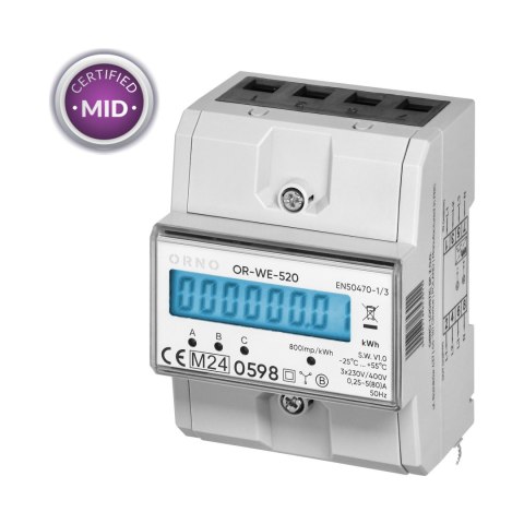 3-fazowy licznik energii elektrycznej, 80A, MID, 3 moduły, DIN TH-35mm 3-fazowy licznik energii elektrycznej, 80A, MID, 3 moduły, DIN TH-35mm