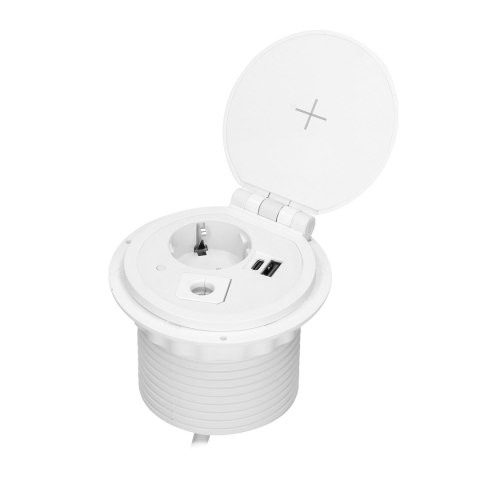 Gniazdo meblowe ?8cm wpuszczane w blat z ładowarką indukcyjną, ładowarką USB z 2 gniazdami A i C, przelotką kablową z przewodem Gniazdo meblowe ?8cm wpuszczane w blat z ładowarką indukcyjną, ładowarką USB z 2 gniazdami A i C, przelotką kablową z przewodem