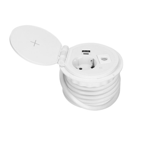 Gniazdo meblowe ?8cm wpuszczane w blat z ładowarką indukcyjną, ładowarką USB z 2 gniazdami A i C, przelotką kablową z przewodem Gniazdo meblowe ?8cm wpuszczane w blat z ładowarką indukcyjną, ładowarką USB z 2 gniazdami A i C, przelotką kablową z przewodem