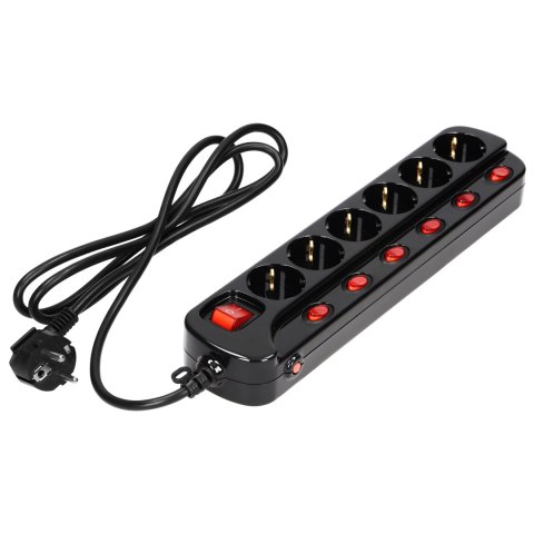 Listwa zasilająca "Multiswitch", 6 gniazd 2P+Z (Schuko), kabel 3x1,0mm?, długość 1,5m. Wyłącznik termiczny. 10A/230 VAC, czarny Listwa zasilająca "Multiswitch", 6 gniazd 2P+Z (Schuko), kabel 3x1,0mm?, długość 1,5m. Wyłącznik termiczny. 10A/230 VAC, czarny